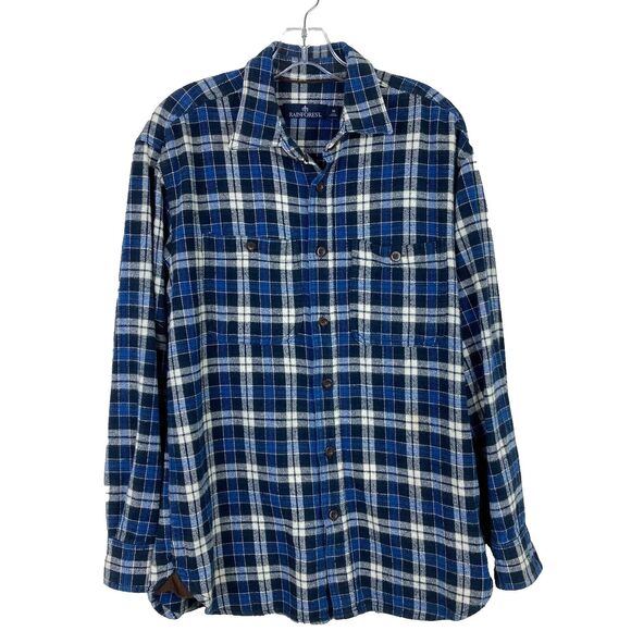 Rainforest Men's Heavyweight Flannel Shirt Size M Blue White Plaid Brown Trim - Picture 7 of 7